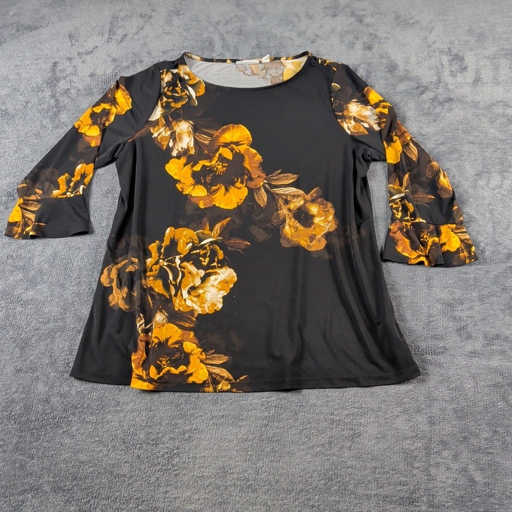Susan Graver XXL Yellow Black Floral Sleeve Top
